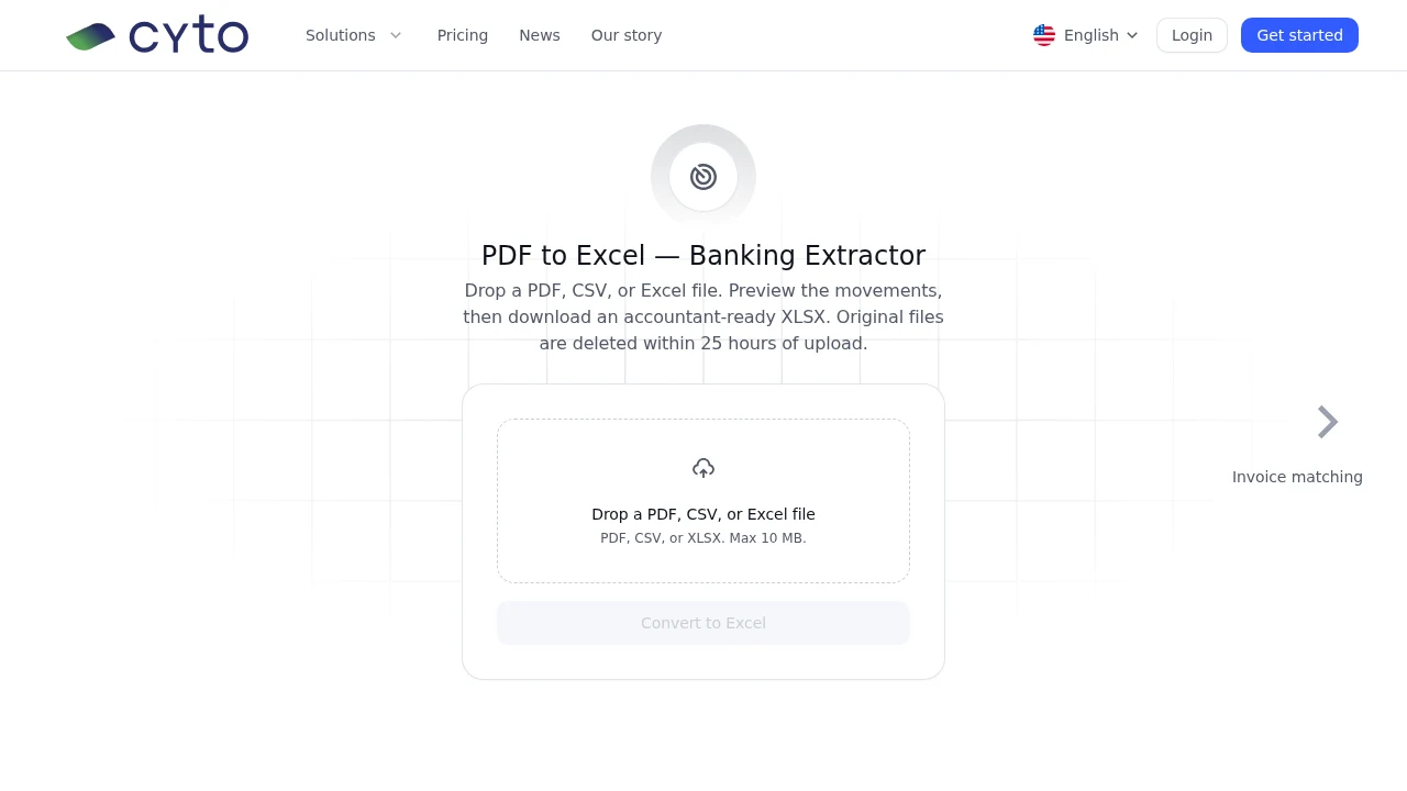 Screenshot of the free PDF to Excel banking extractor page on the CYTO website
