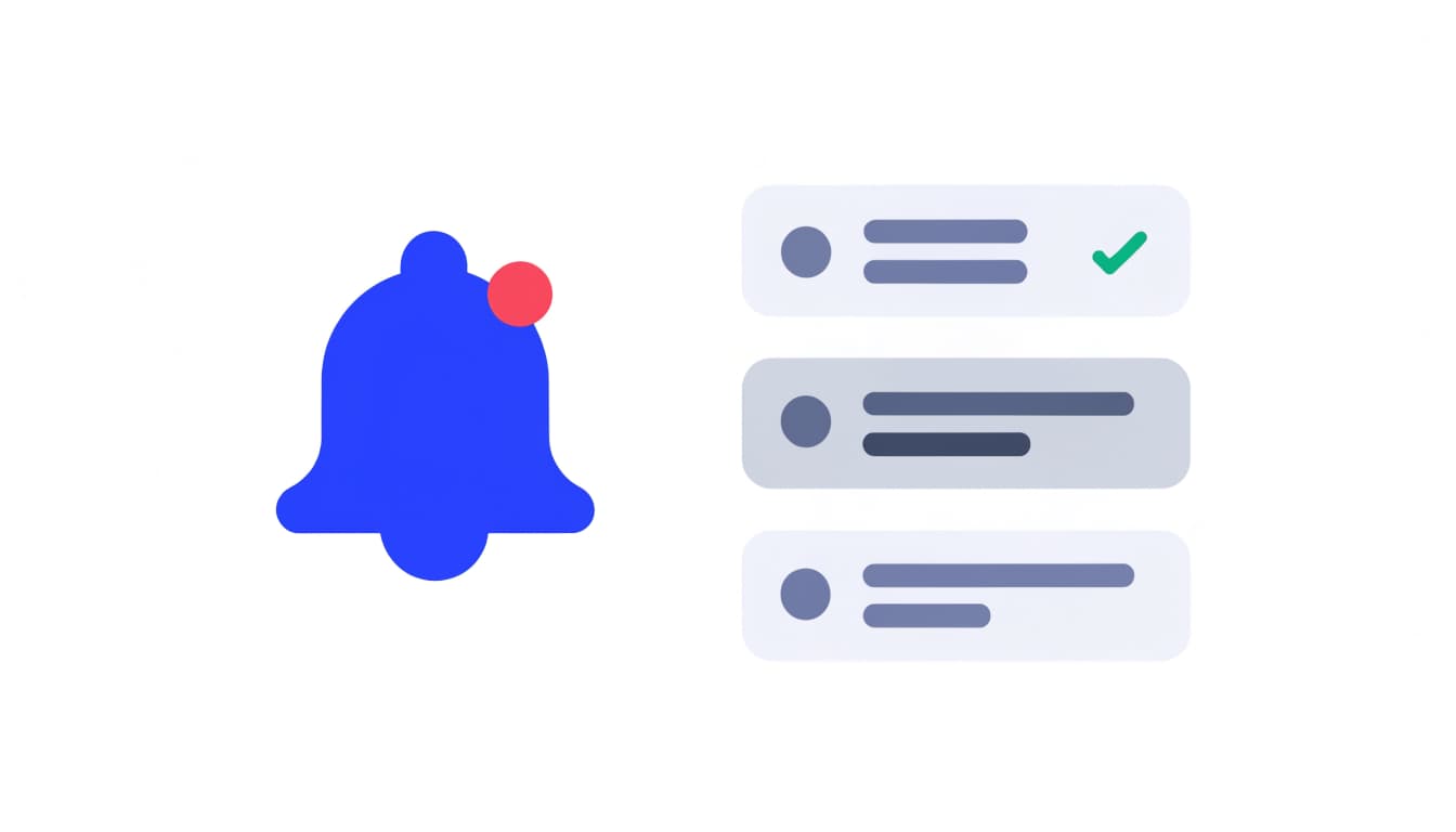Flat illustration of a notification bell with a badge next to three notification cards
