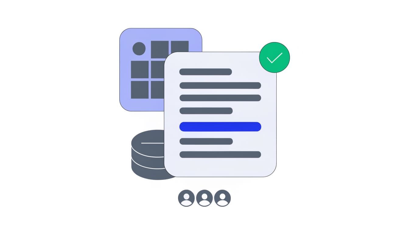 Flat illustration of a payslip with an approval checkmark, a calendar and employee avatars